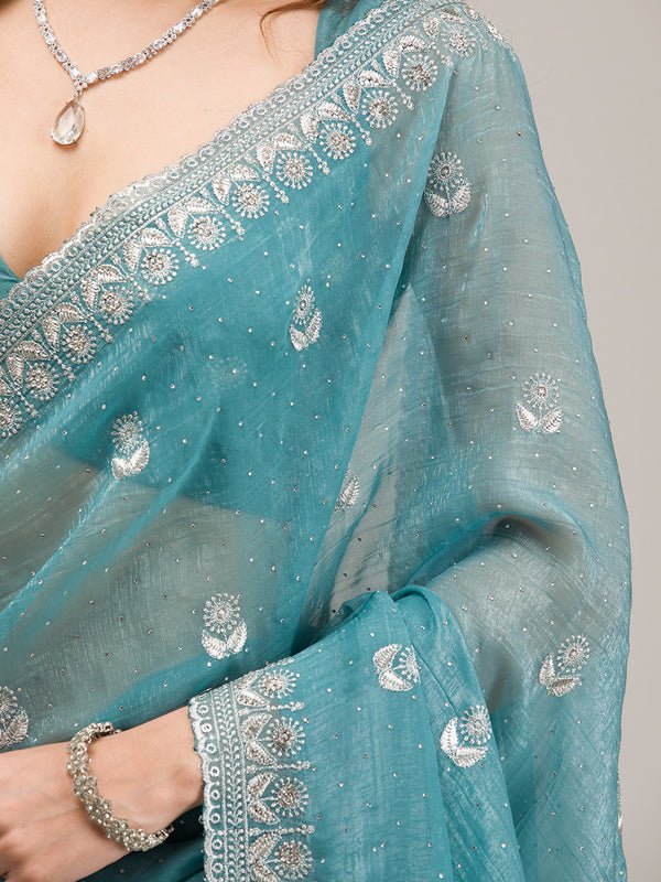 Turquoise Blue Tissue Silver Zariwork Saree With Matching Blouse Piece - Image 9