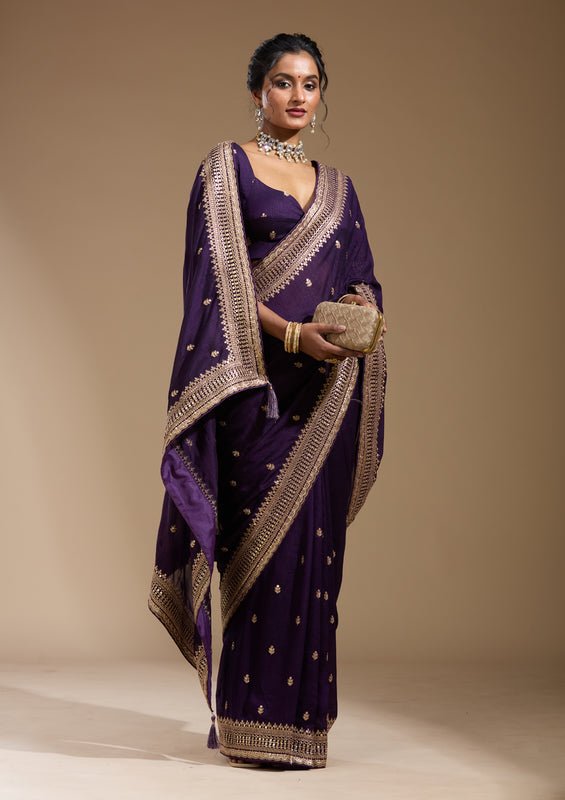 Purple Soft Raw Silk Cording Saree With Matching Blouse Piece