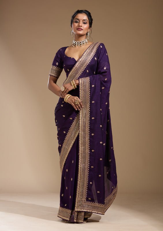 Purple Soft Raw Silk Cording Saree With Matching Blouse Piece - Image 3
