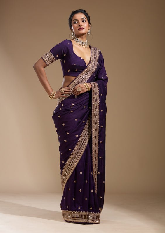 Purple Soft Raw Silk Cording Saree With Matching Blouse Piece - Image 5