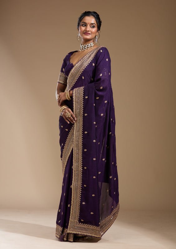 Purple Soft Raw Silk Cording Saree With Matching Blouse Piece - Image 6
