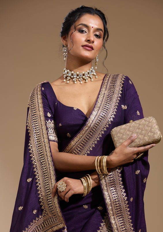 Purple Soft Raw Silk Cording Saree With Matching Blouse Piece - Image 7