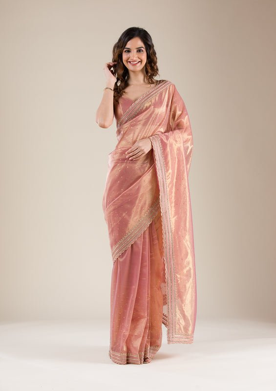 Mauve Organza Gold Zariwork Saree With Matching Blouse Piece