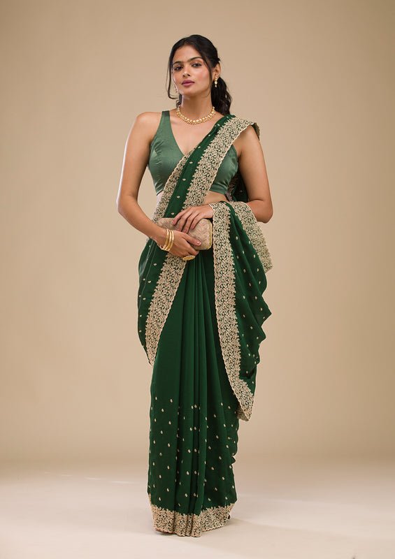 Mehandi Green Soft Raw Silk Gold Zariwork Saree With Matching Blouse Piece