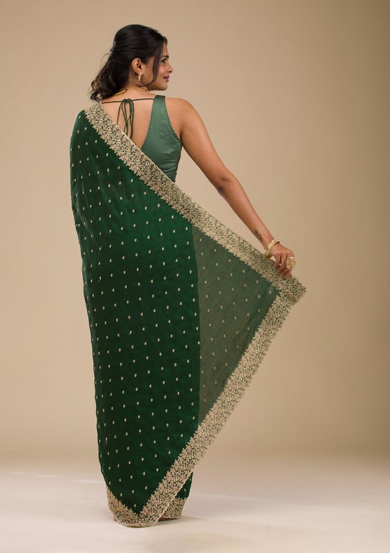 Mehandi Green Soft Raw Silk Gold Zariwork Saree With Matching Blouse Piece - Image 2