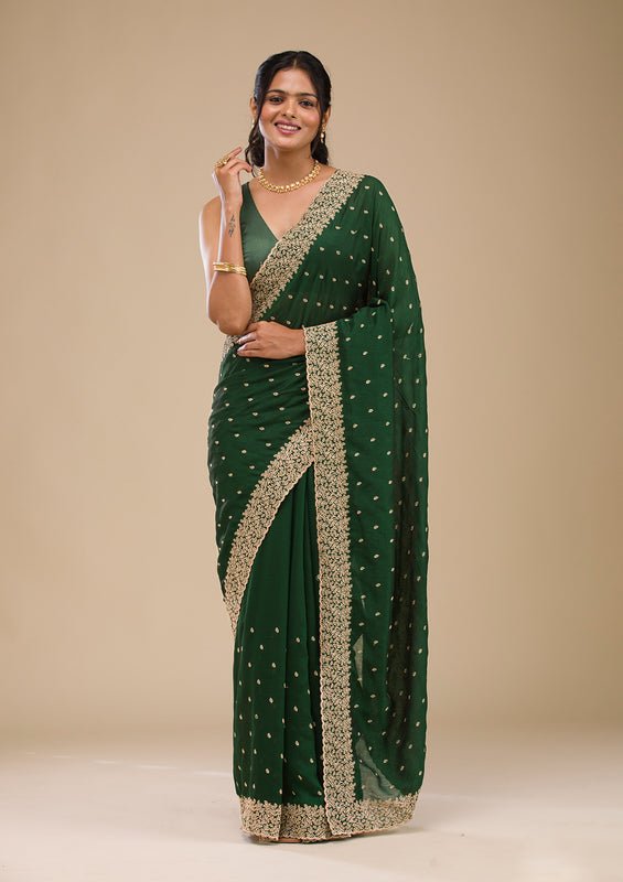 Mehandi Green Soft Raw Silk Gold Zariwork Saree With Matching Blouse Piece - Image 3