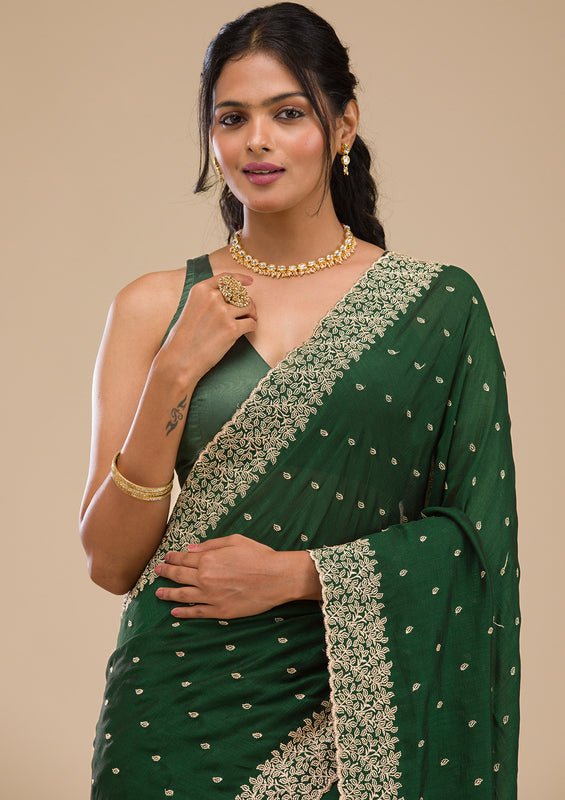 Mehandi Green Soft Raw Silk Gold Zariwork Saree With Matching Blouse Piece - Image 4
