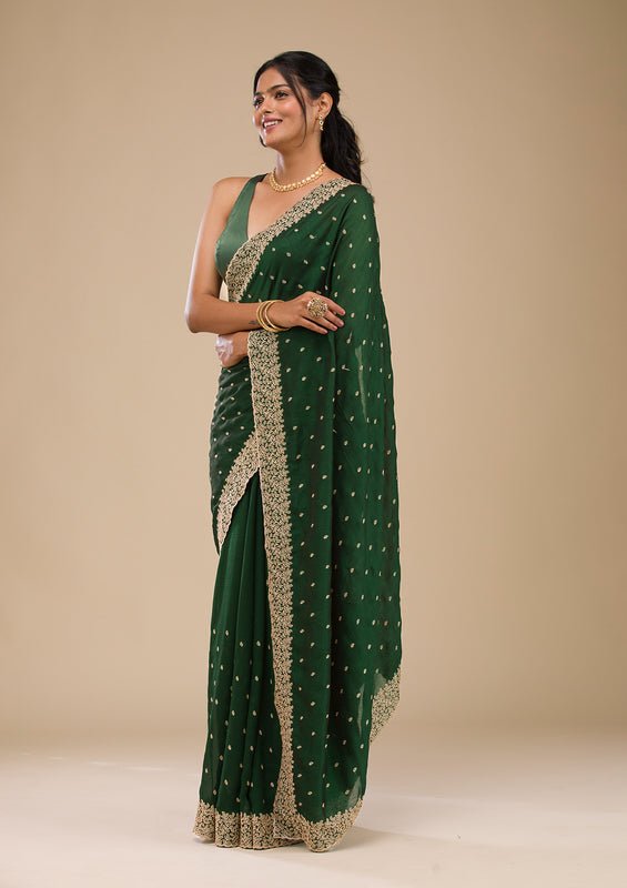 Mehandi Green Soft Raw Silk Gold Zariwork Saree With Matching Blouse Piece - Image 5