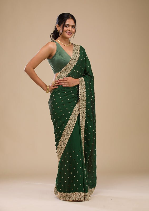 Mehandi Green Soft Raw Silk Gold Zariwork Saree With Matching Blouse Piece - Image 6