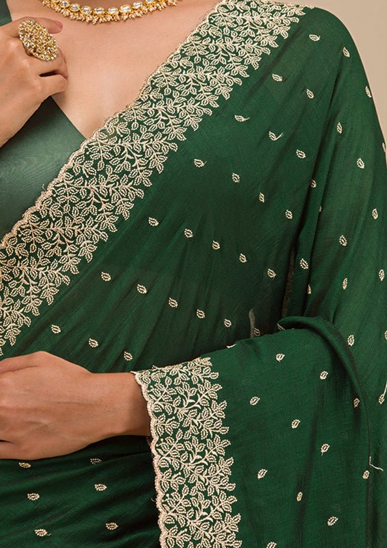 Mehandi Green Soft Raw Silk Gold Zariwork Saree With Matching Blouse Piece - Image 7