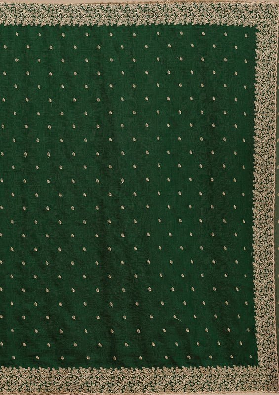 Mehandi Green Soft Raw Silk Gold Zariwork Saree With Matching Blouse Piece - Image 9
