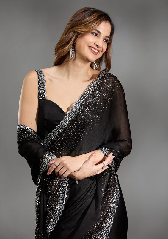 Black Satin Gold Stonework Saree With Matching Blouse Piece - Image 3