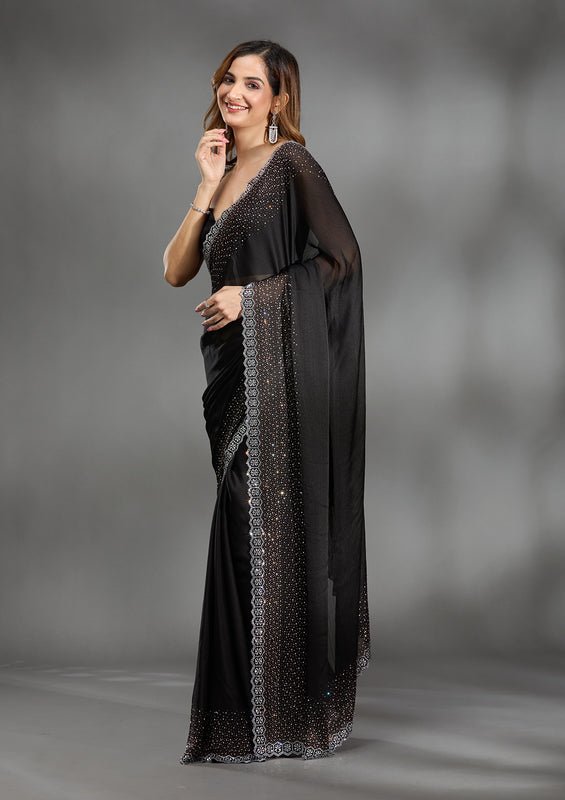 Black Satin Gold Stonework Saree With Matching Blouse Piece - Image 5