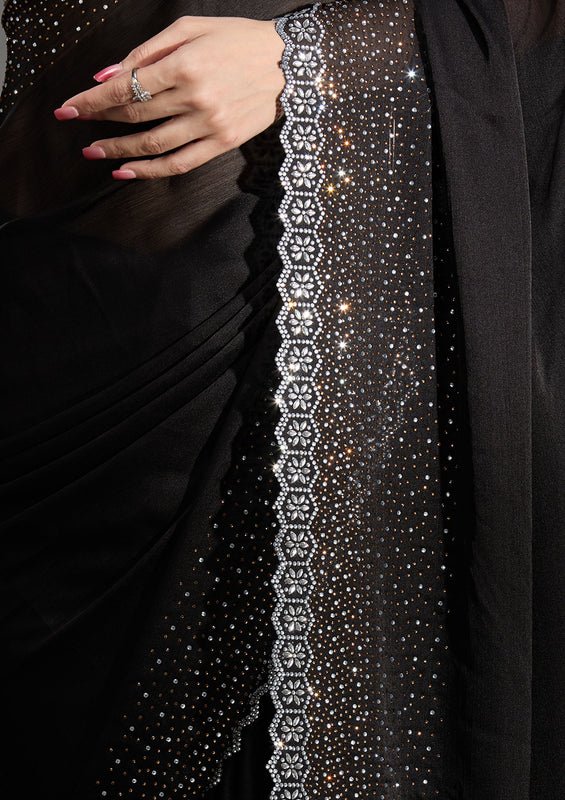 Black Satin Gold Stonework Saree With Matching Blouse Piece - Image 9