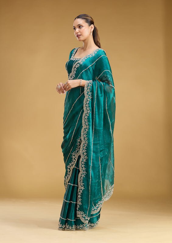 Teal Green Tissue Silver Stonework Saree With Matching Blouse Piece