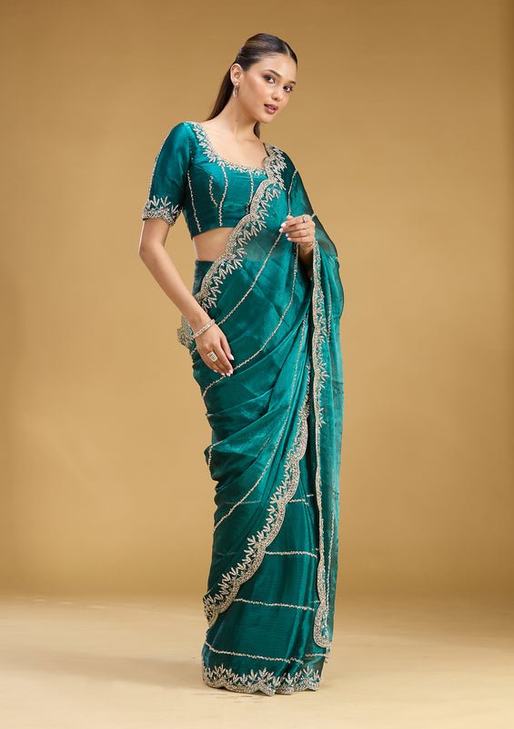 Teal Green Tissue Silver Stonework Saree With Matching Blouse Piece - Image 2