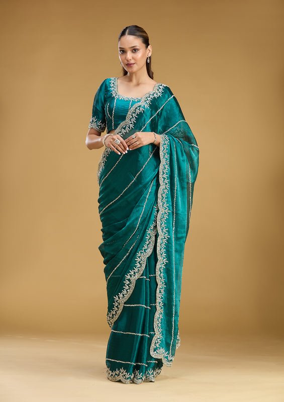Teal Green Tissue Silver Stonework Saree With Matching Blouse Piece - Image 3