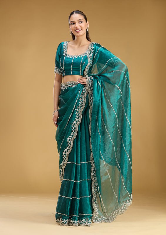 Teal Green Tissue Silver Stonework Saree With Matching Blouse Piece - Image 4