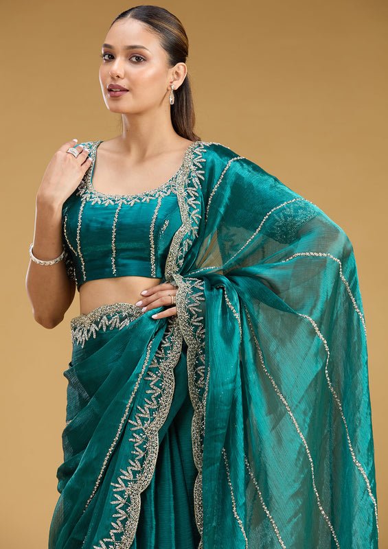 Teal Green Tissue Silver Stonework Saree With Matching Blouse Piece - Image 5