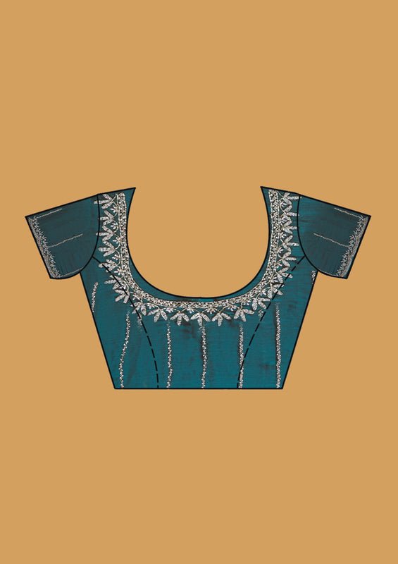 Teal Green Tissue Silver Stonework Saree With Matching Blouse Piece - Image 6