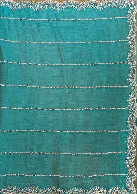 Teal Green Tissue Silver Stonework Saree With Matching Blouse Piece - Image 7