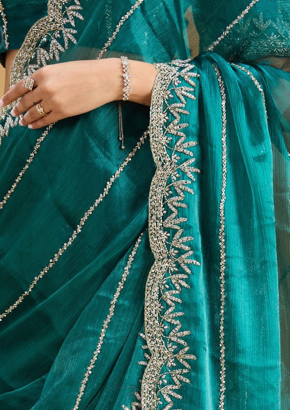 Teal Green Tissue Silver Stonework Saree With Matching Blouse Piece - Image 8