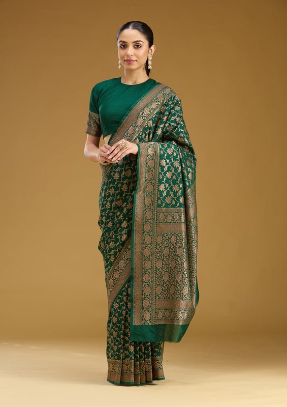 Green Georgette Jaal Gold Zariwork Saree With Matching Blouse Piece