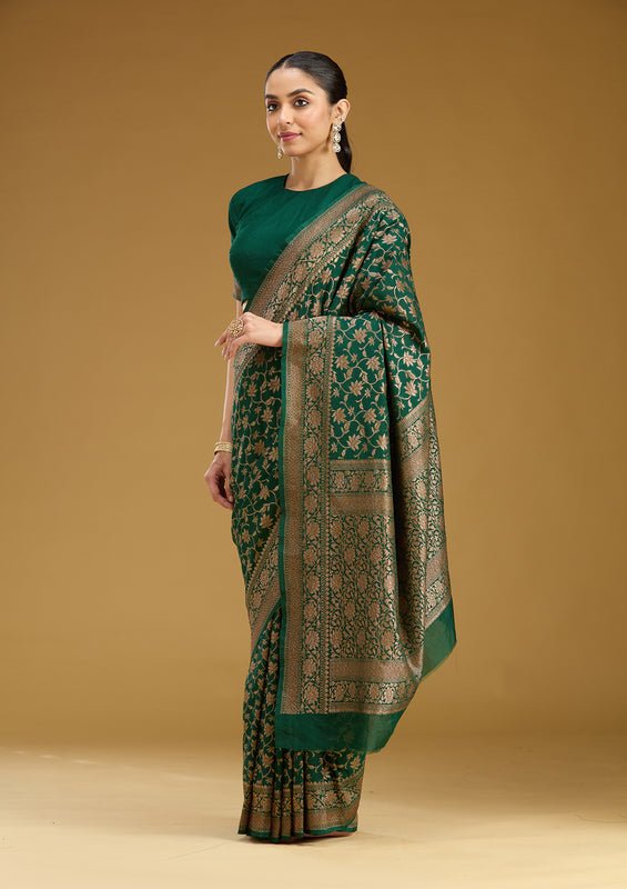 Green Georgette Jaal Gold Zariwork Saree With Matching Blouse Piece - Image 2