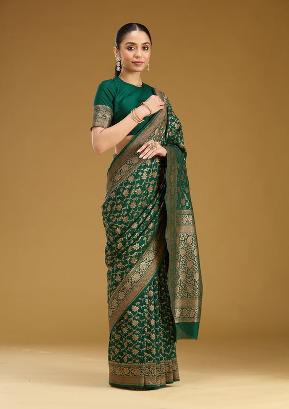 Green Georgette Jaal Gold Zariwork Saree With Matching Blouse Piece - Image 3