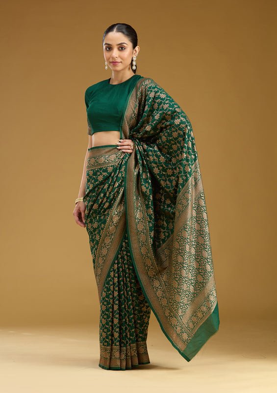 Green Georgette Jaal Gold Zariwork Saree With Matching Blouse Piece - Image 4