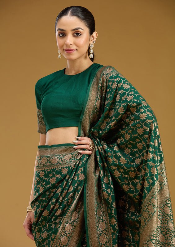 Green Georgette Jaal Gold Zariwork Saree With Matching Blouse Piece - Image 5