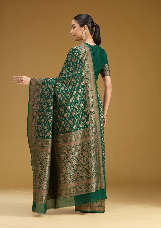 Green Georgette Jaal Gold Zariwork Saree With Matching Blouse Piece - Image 6