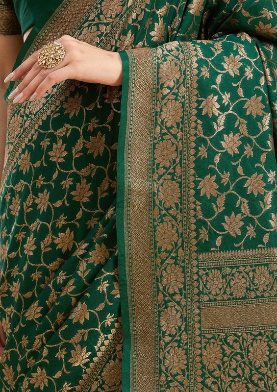 Green Georgette Jaal Gold Zariwork Saree With Matching Blouse Piece - Image 9