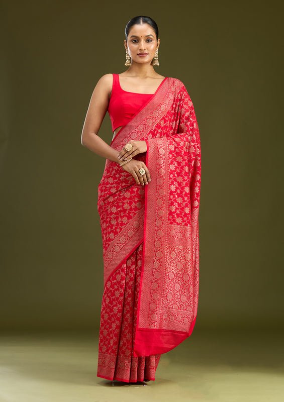 Red Georgette Jaal Gold Zariwork Saree With Matching Blouse Piece