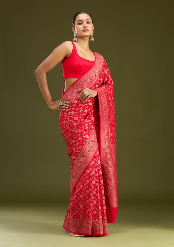 Red Georgette Jaal Gold Zariwork Saree With Matching Blouse Piece - Image 2