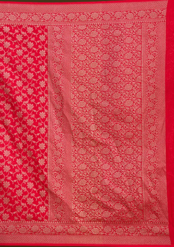 Red Georgette Jaal Gold Zariwork Saree With Matching Blouse Piece - Image 7