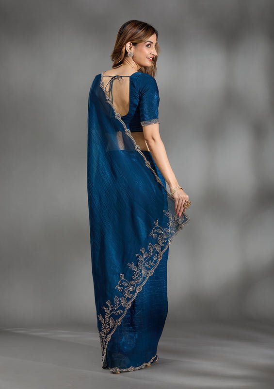 Peacock blue Georgette Gold Stonework Saree With Matching Blouse Piece - Image 2