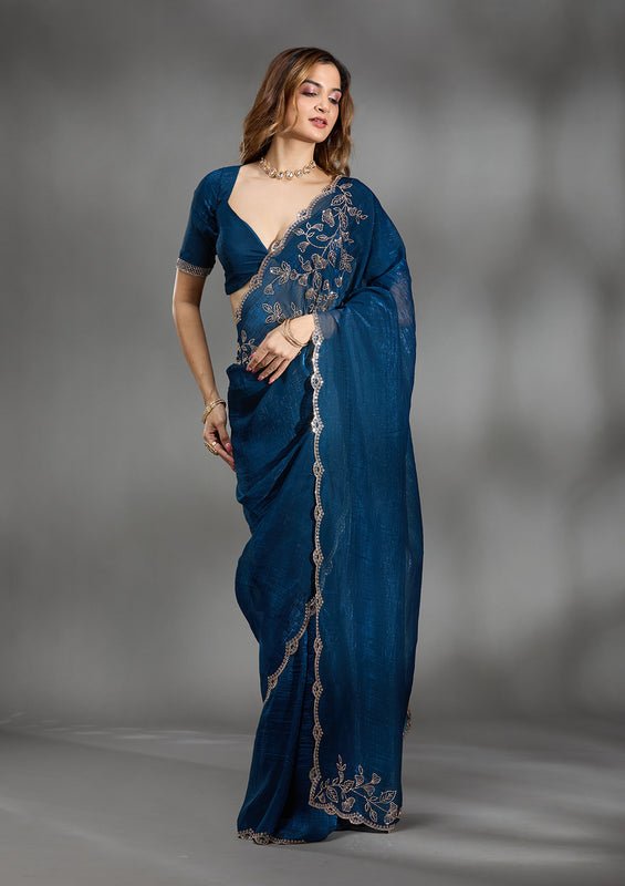 Peacock blue Georgette Gold Stonework Saree With Matching Blouse Piece - Image 3