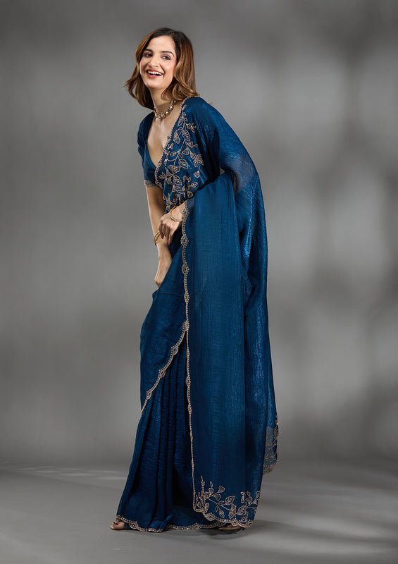 Peacock blue Georgette Gold Stonework Saree With Matching Blouse Piece - Image 5