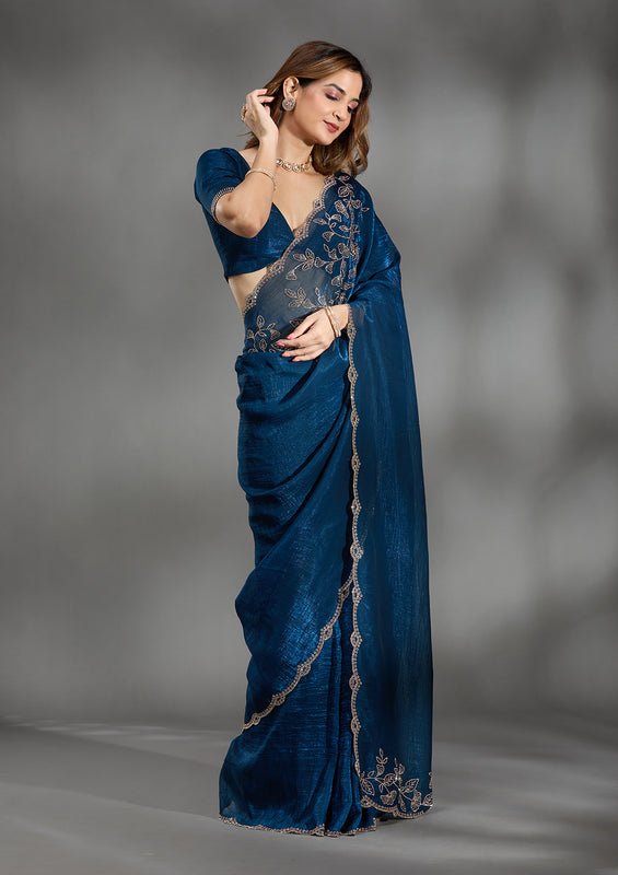 Peacock blue Georgette Gold Stonework Saree With Matching Blouse Piece - Image 6