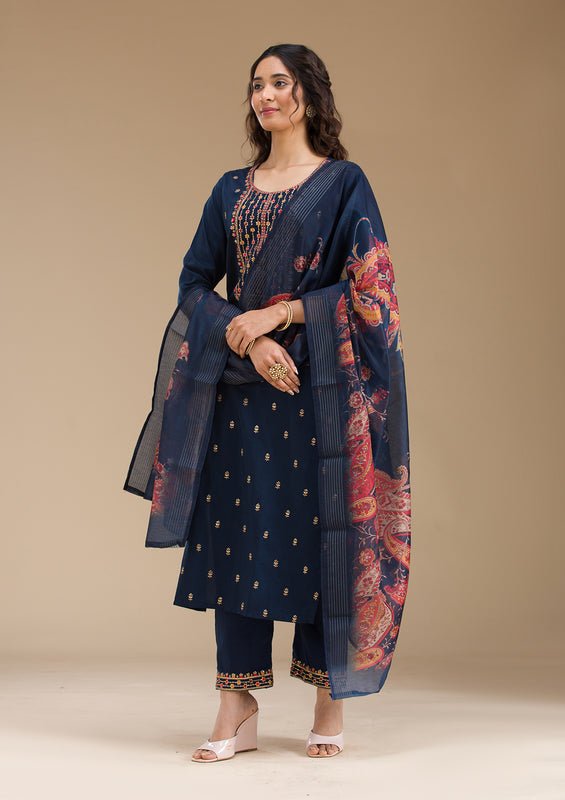 Navy Blue Organza Threadwork Straight Kurta With Pant Regular And Dupatta