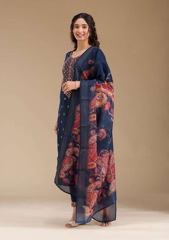 Navy Blue Organza Threadwork Straight Kurta With Pant Regular And Dupatta - Image 3