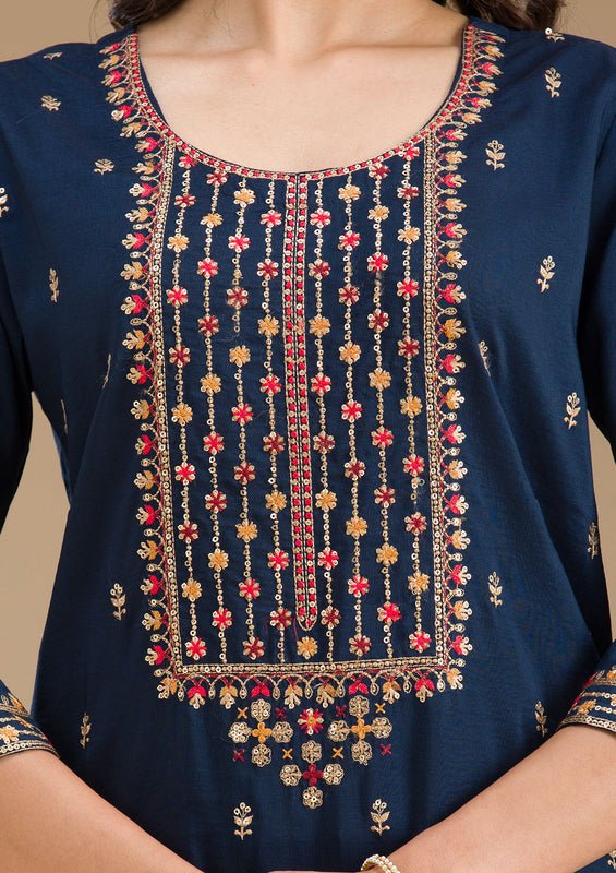 Navy Blue Organza Threadwork Straight Kurta With Pant Regular And Dupatta - Image 6