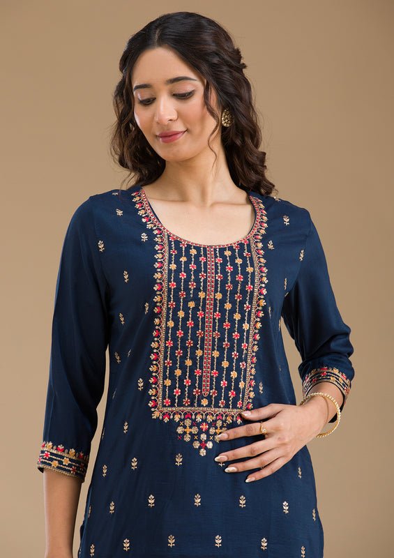 Navy Blue Organza Threadwork Straight Kurta With Pant Regular And Dupatta - Image 8