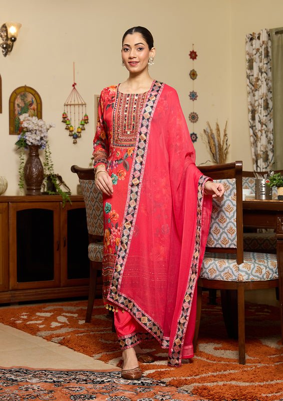 Pink Crepe Floral Mirrorwork Straight Kurta With Pant Regular And Dupatta - Image 2