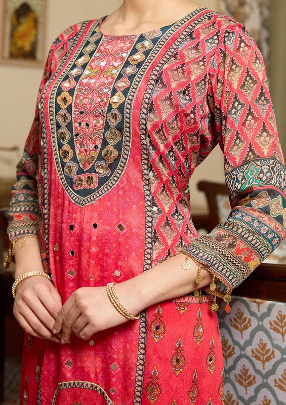 Pink Crepe Floral Mirrorwork Straight Kurta With Pant Regular And Dupatta - Image 4