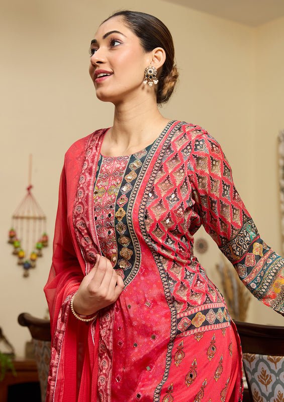 Pink Crepe Floral Mirrorwork Straight Kurta With Pant Regular And Dupatta - Image 6