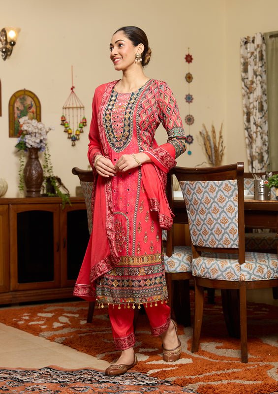 Pink Crepe Floral Mirrorwork Straight Kurta With Pant Regular And Dupatta - Image 7