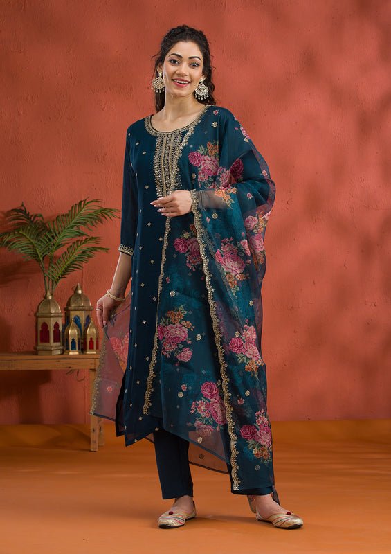 Peacock Blue Soft Raw Silk Gold Zariwork Straight Kurta With Pant Regular And Dupatta