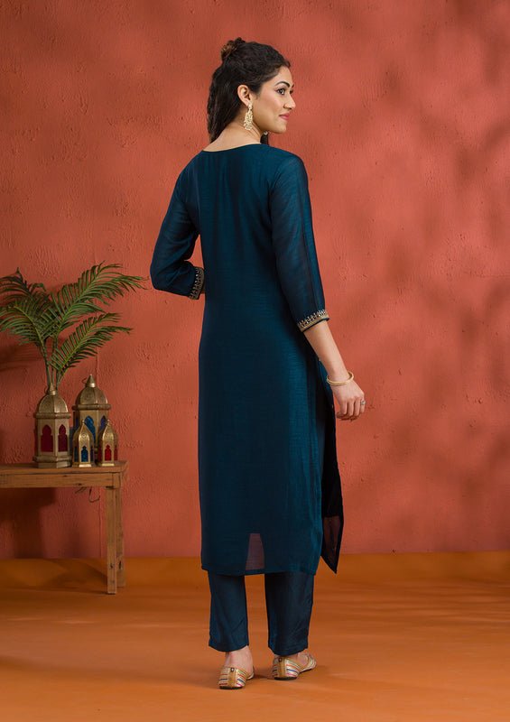 Peacock Blue Soft Raw Silk Gold Zariwork Straight Kurta With Pant Regular And Dupatta - Image 2